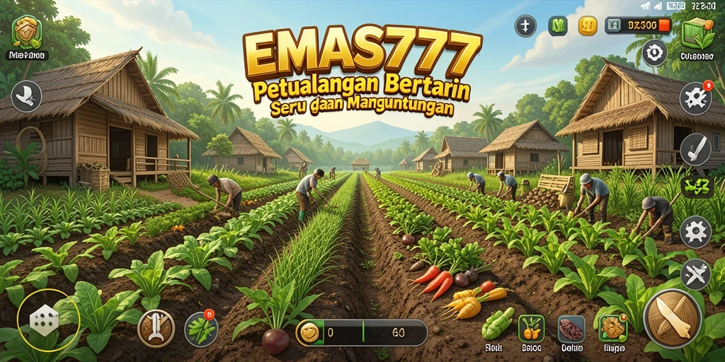 Screenshot gameplay EMAS777 yang menampilkan ladang subur dengan tanaman yang beragam.