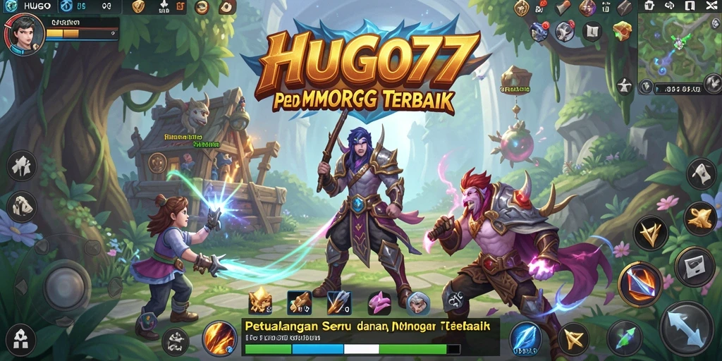 Screenshot gameplay HUGO77 menampilkan pertarungan epik dalam dunia fantasi.