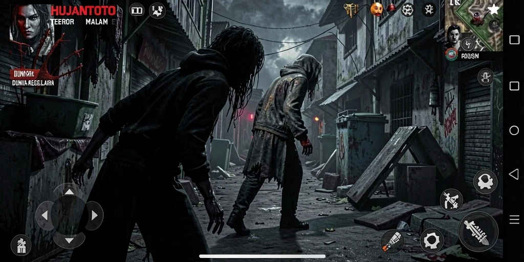 Screenshot gameplay HUJANTOTO yang menampilkan kegelapan mencekam.