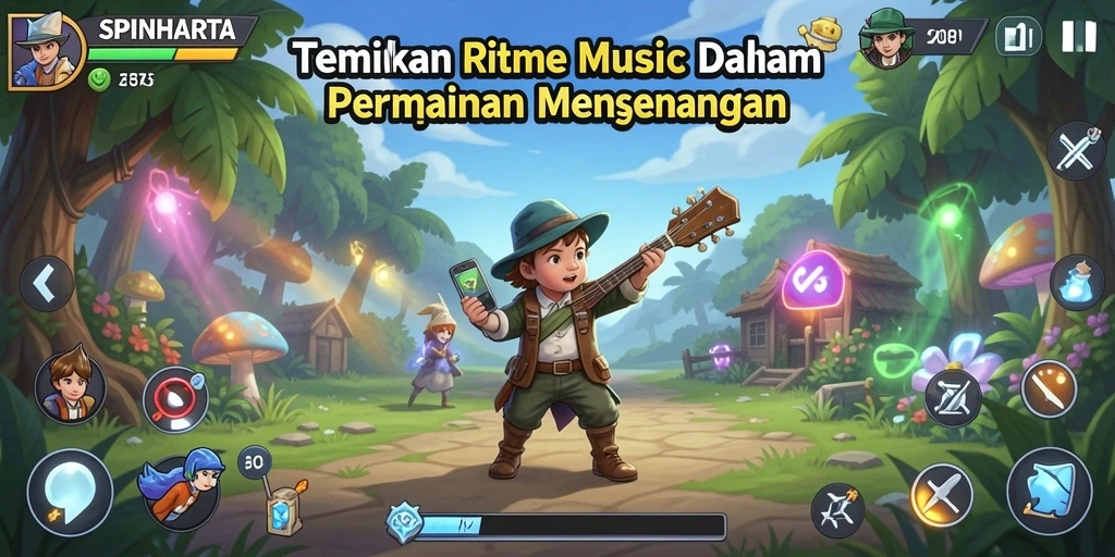 Tangkapan layar SPINHARTA menunjukkan aksi penuh ritmo dan keseruan dalam permainan musik.